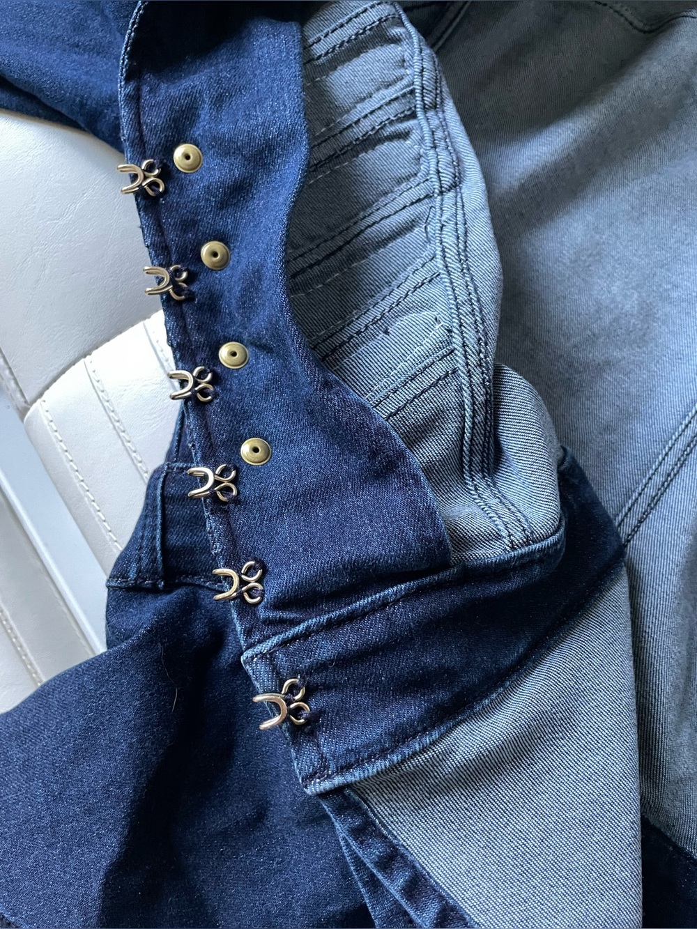 Bebe Denim Military Peplum Jacket Gold Leaf Embellished Fitted S/P - Picture 6 of 12